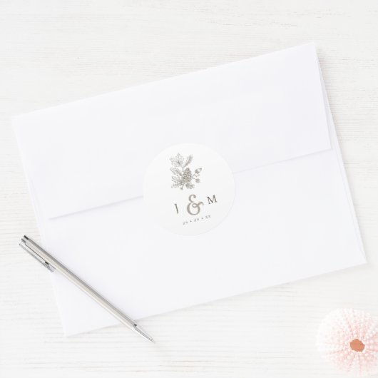 Lijn getrokken Pinecone & eikels Monogram Fall Wed Ronde Sticker (Envelop)