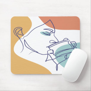 lijn kunst poster van vrouw die koffie drinkt muismat