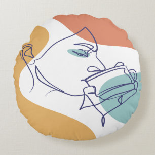 lijn kunst poster van vrouw die koffie drinkt rond kussen