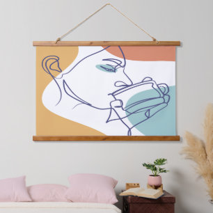 lijn kunst tekening poster van vrouw die koffie dr hangend wandkleed