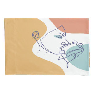 lijn kunst tekening poster van vrouw die koffie dr kussensloop