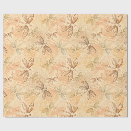 Lijnboomlibellen bloemen perzikpatroon cadeaupapier (Vlak)