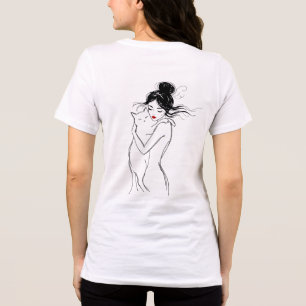 Lijnkunst Vrouw Knuffelt Kat Schets T-Shirt