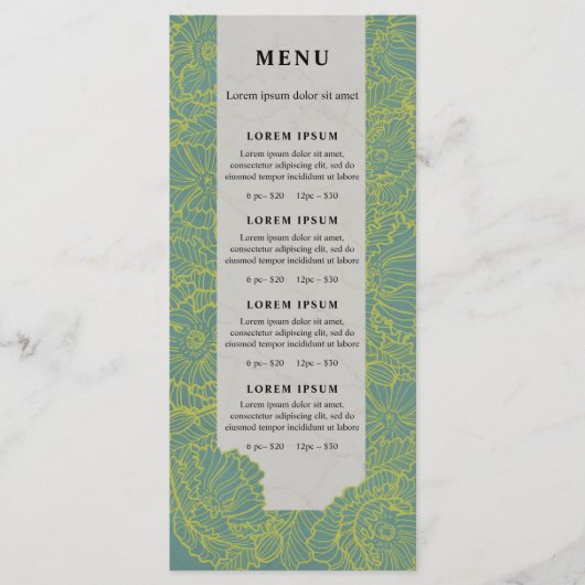 Lijnkunstbloemen, blauwgroen bloemmenu of prijslij menu (Voorkant)