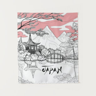 Lijnschildering van de Japanse Tempelberg Wandkleed