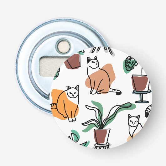 Lijntekenkat en bloemen button flesopener (Voorkant)