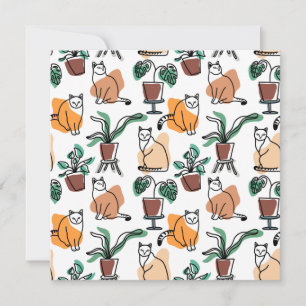 Lijntekenkat en bloemen feestdagenkaart