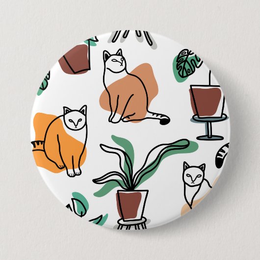 Lijntekenkat en bloemen ronde button 7,6 cm (Voorkant)