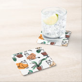 Lijntekenkat en bloemen vierkante kartonnen onderzetter (Insitu)