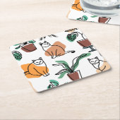 Lijntekenkat en bloemen vierkante kartonnen onderzetter (Schuin)