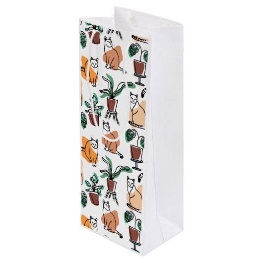 Lijntekenkat en bloemen wijn cadeautas (Achterkant Gekanteld)