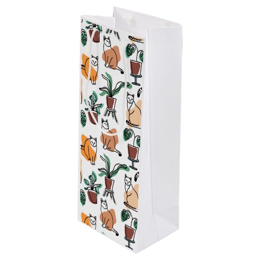 Lijntekenkat en bloemen wijn cadeautas (Voorkant Gekanteld)