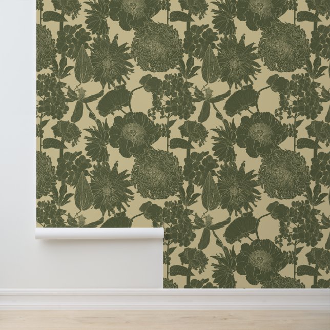 Lijntuin en tropische bloemen. behang (Applicatie)