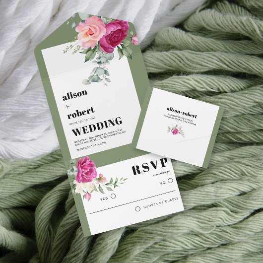 Lijst met eucalyptus en roze rozen bruiloft all in one uitnodiging