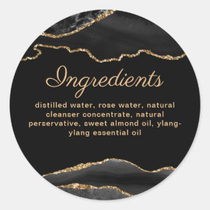 Lijst met ingrediënten van zwarte en goudkleurige ronde sticker
