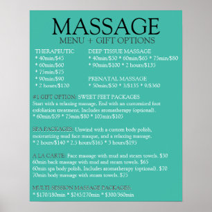 Lijst met menu BLUE massage Poster