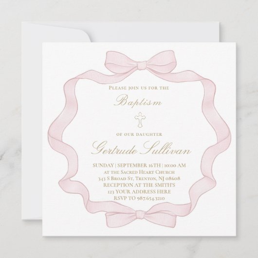 lijst met roze strik | uitnodiging tot doop (Voorkant)