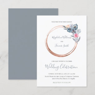 lijst met stoffige blauwe en roze rozen  bruiloft kaart