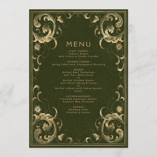 Lijst Olijf Groen Goud Bruiloft Menu (Voorkant)