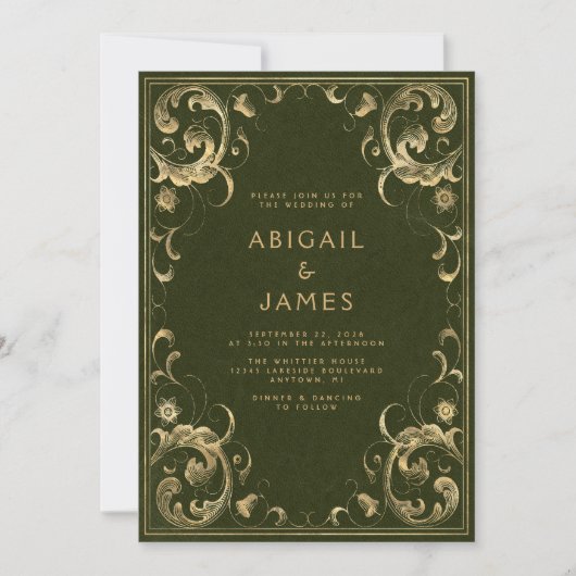 Lijst Olijfgroen Goud QR Code Huwelijk Kaart (Voorkant)