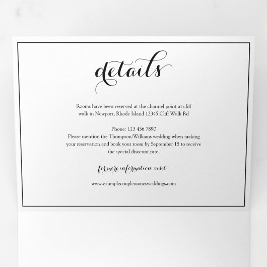 Lijst Script Trouwfoto met RSVP en details Drieluik Uitnodiging (Binnenzijde eerst)