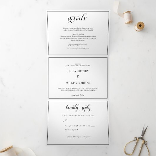 Lijst Script Trouwfoto met RSVP en details Drieluik Uitnodiging (Binnen)