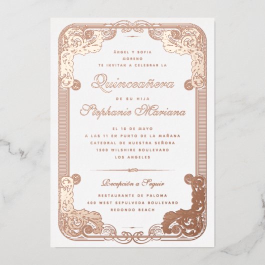 Lijst Spaans Quinceanera Roos Gold Folie Uitnodiging (Voorkant)