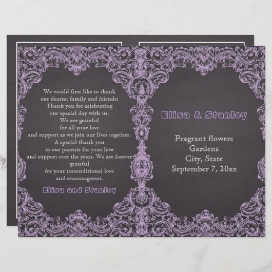 Lijst van lavendel, karton gevouwen trouwprogramma (Voorkant / Achterkant)