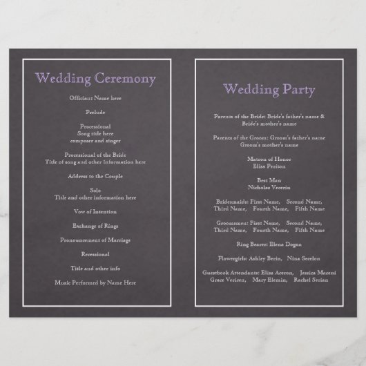 Lijst van lavendel, karton gevouwen trouwprogramma (Achterkant)