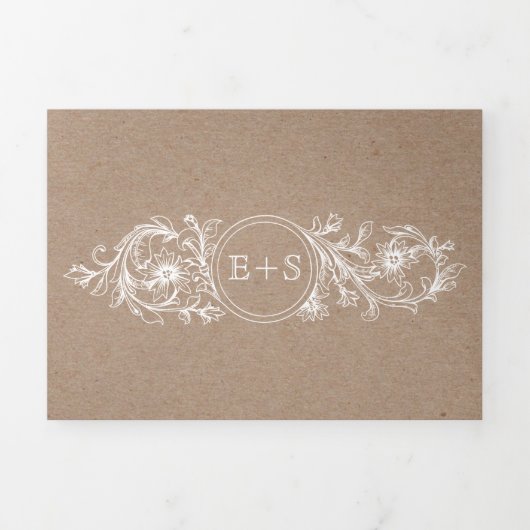 lijst wit bloemenbruiloft, initialen kraftbruilof drieluik uitnodiging (Cover)