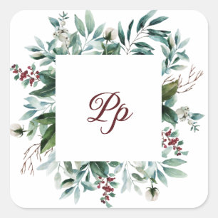 Lijstwerk met monogram aanpasbaar groene bessen ta vierkante sticker