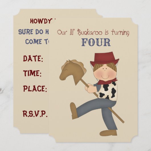 Lil' Buckaroo (bruin haar) Birthday Party Invite Kaart (Voorkant / Achterkant)