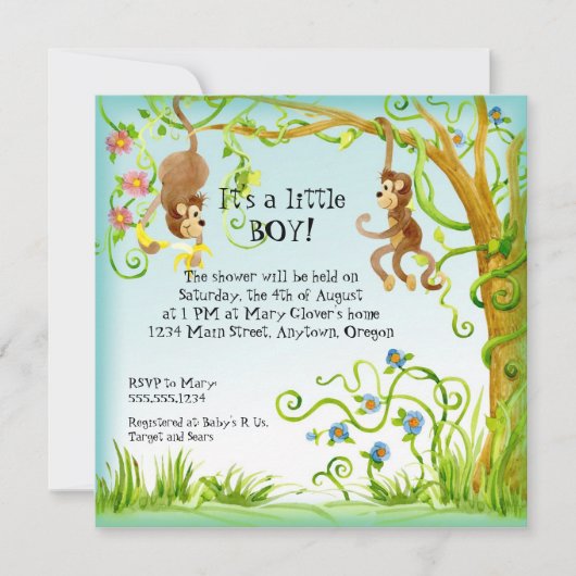 Lil Monkey, Boy Baby shower Uitnodiging (Voorkant)