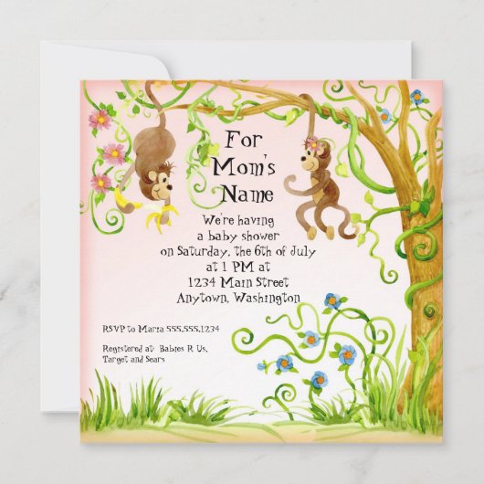 Lil Monkey, Invitation Baby shower fille (Devant)