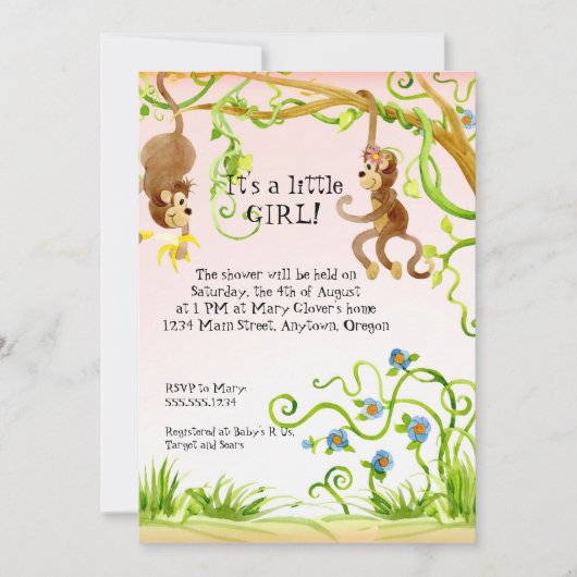 Lil Monkey, Invitation Baby shower fille (Devant)