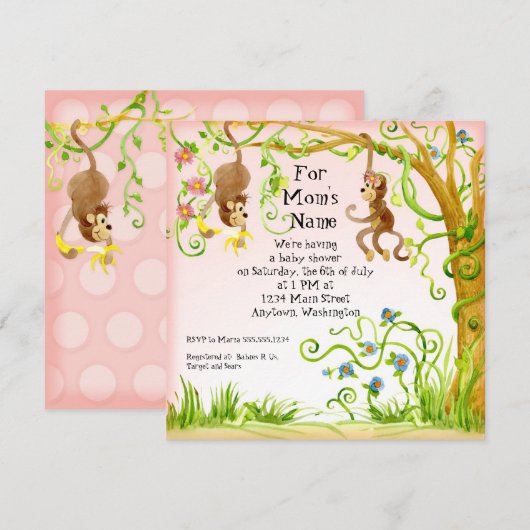 Lil Monkey, Invitation Baby shower fille (Devant / Derrière)
