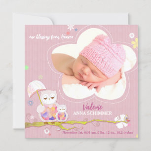 Lil Owls Roze Baby Meisje Foto Geboorte Aankondiging