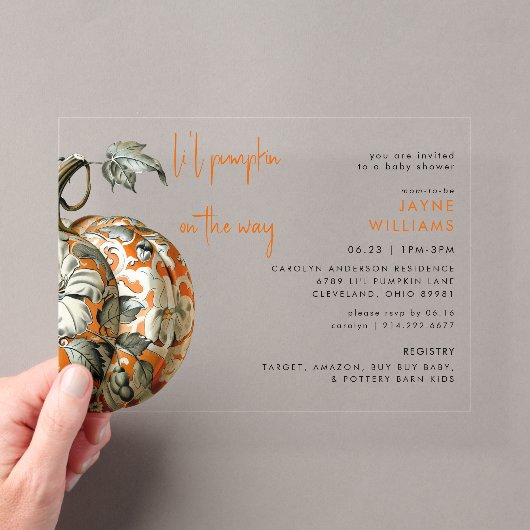 Li'l Pumpkin Baby Shower Acryl Uitnodigingen (Insitu (Draagbaar))