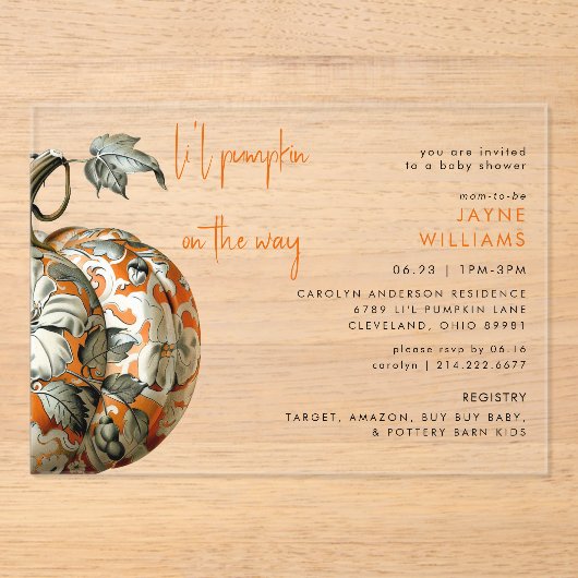 Li'l Pumpkin Baby Shower Acryl Uitnodigingen (Voorkant)