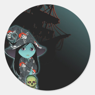 Lil 'Witch in Pirate Skull Robe Halloween Ronde Sticker