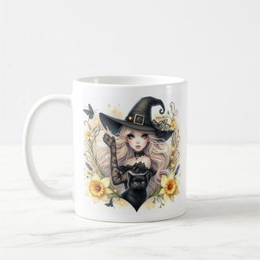 Lil Witch with Black Cat  daffodils Coffee Mug (Gauche)