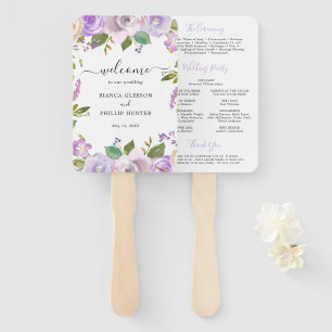 Lila aquarel bloemrijke elegante trouwprogramma handwaaier