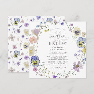 Lila Blauw Bloemen Waterverf Doop 1e Verjaardag Kaart