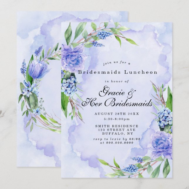 Lila Blauwe Floral Bridesmaids Luncheon Invitae (Voorkant / Achterkant)