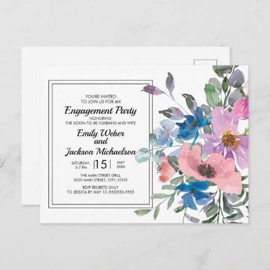 Lila blauwe roze Waterverf Floral Engagement Party Briefkaart (Voorkant / Achterkant)