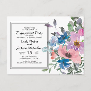 Lila blauwe roze Waterverf Floral Engagement Party Briefkaart