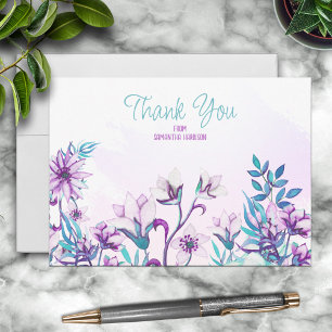  Lila/Blauwgroen Waterverf Bloemen Gepersonaliseer Notitiekaartje