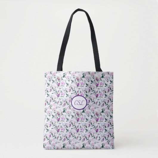 Lila bloemen canvas tas, monogrammen draagtas (Voorkant)