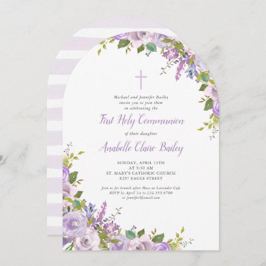 Lila Bloemen Eerste Communie Uitnodiging (Voorkant / Achterkant)