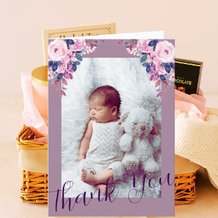 Lila Bloemen Fotokaart Verloskundige Nieuwe Baby Bedankkaart